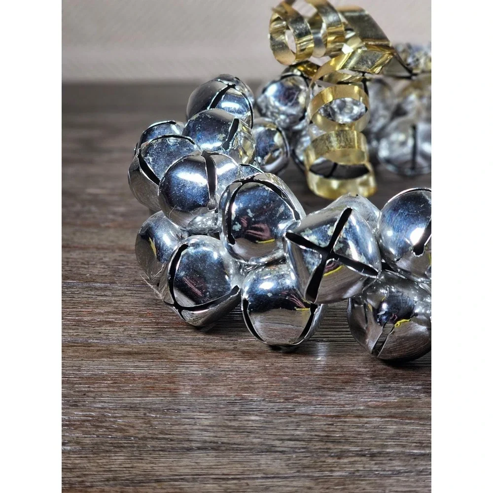 Vintage Silver Jingle Bell Wreath Gold Bow Christmas Door Decor